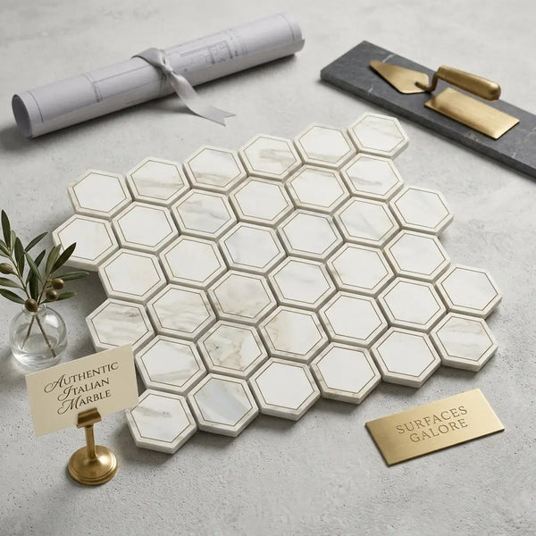 Calacatta Gold 2 inch vortex hexagon mosaic marble tile in white with subtle veining and thin gold border polished
