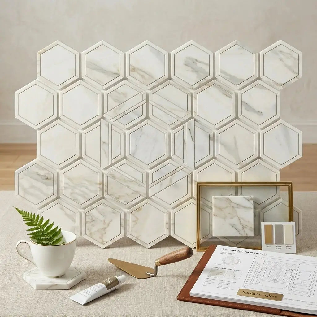 Calacatta Gold 2 inch vortex hexagon white marble mosaic tile with subtle gray veining and raised geometric edges