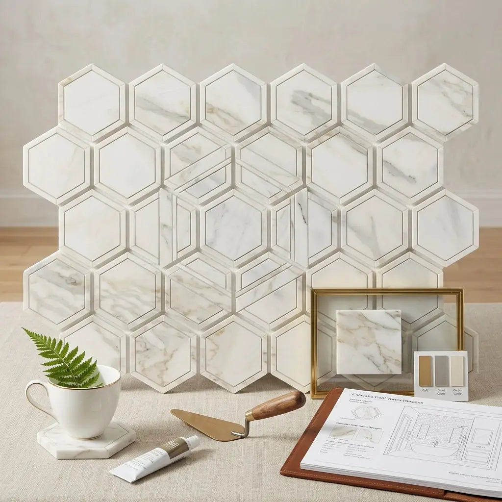 White hexagonal calacatta gold marble mosaic tile with subtle gray veining and raised edges polished or honed finish