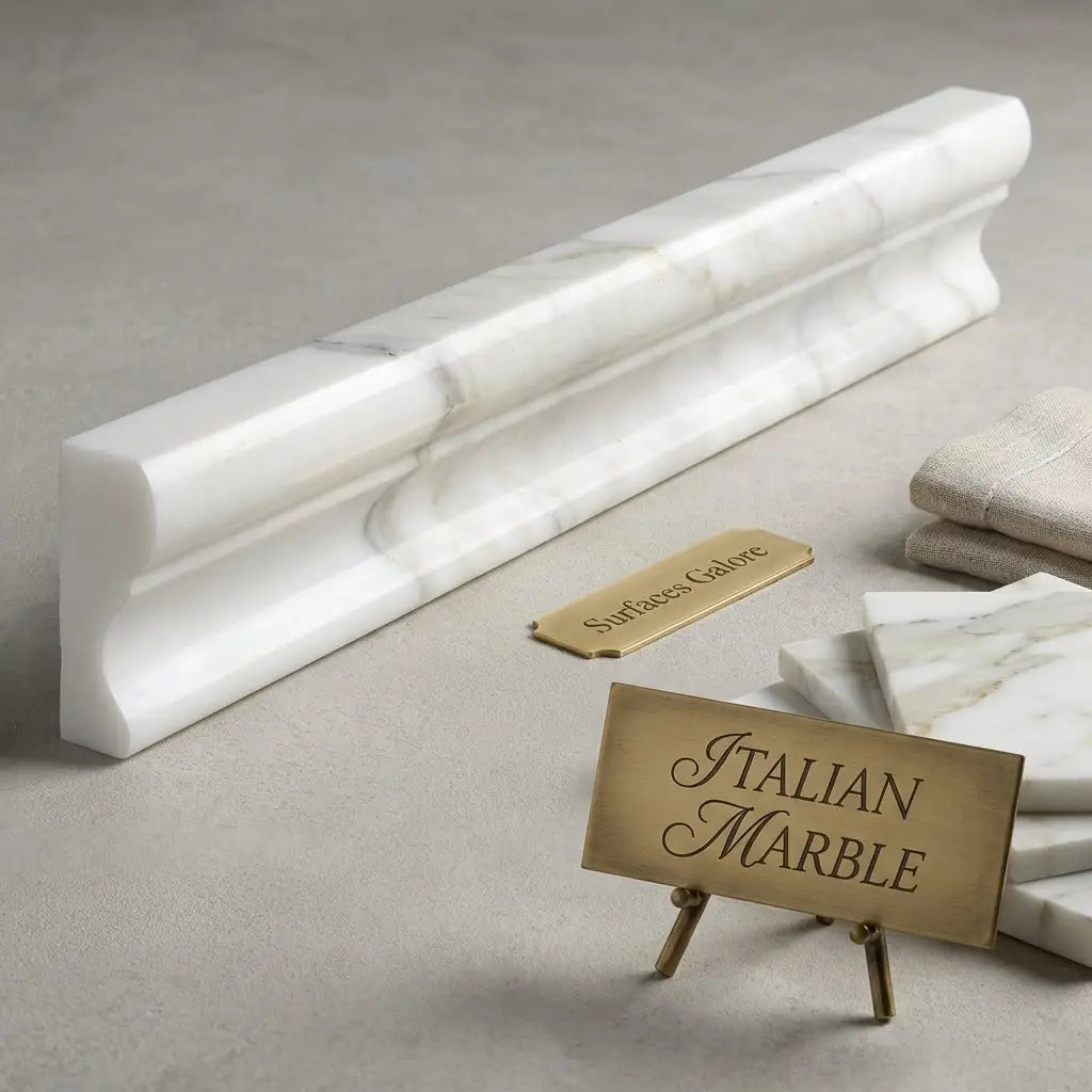A sleek white italian marble calacatta gold 2x12 crown molding with gray veining and polished finish