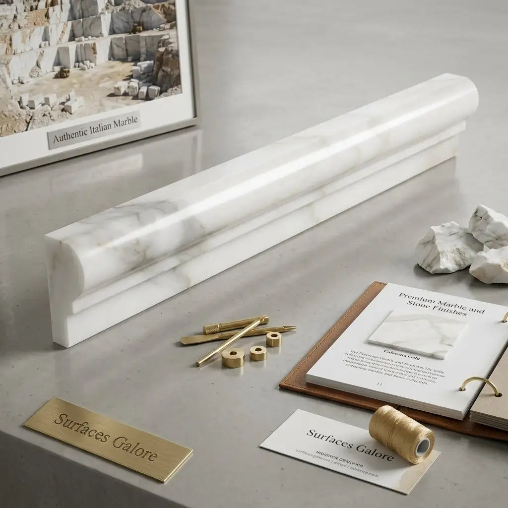 A sleek white marble calacatta gold 2x12 chair rail trim with subtle gray veining and polished finish