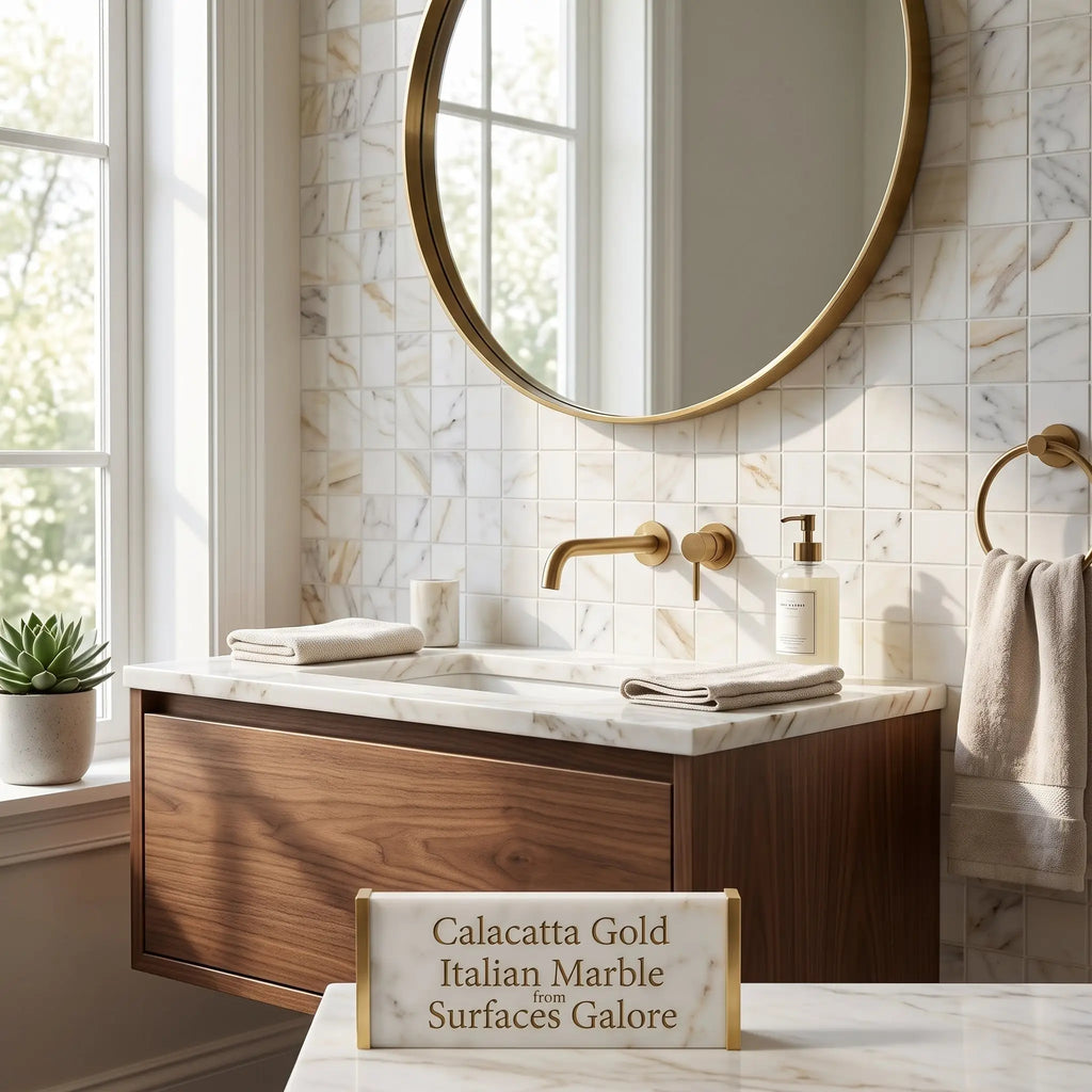 Calacatta gold 2x2 mosaic marble tile polished or honed installed on a vanity top with warm wood cabinet and gold fixtures