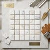 Calacatta gold 2x2 mosaic marble tile polished or honed with white square tiles and subtle gray veining from italian marble
