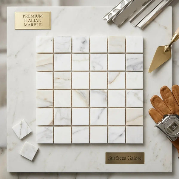 Calacatta gold 2x2 mosaic marble tile polished or honed with white square tiles and subtle gray veining from italian marble