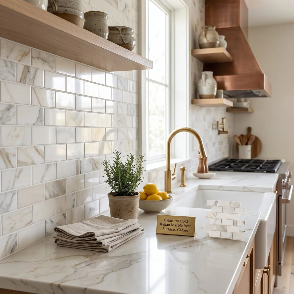 Calacatta Gold 2x4 brick mosaic marble tile polished with subtle veined pattern on Calacatta gold Italian marble