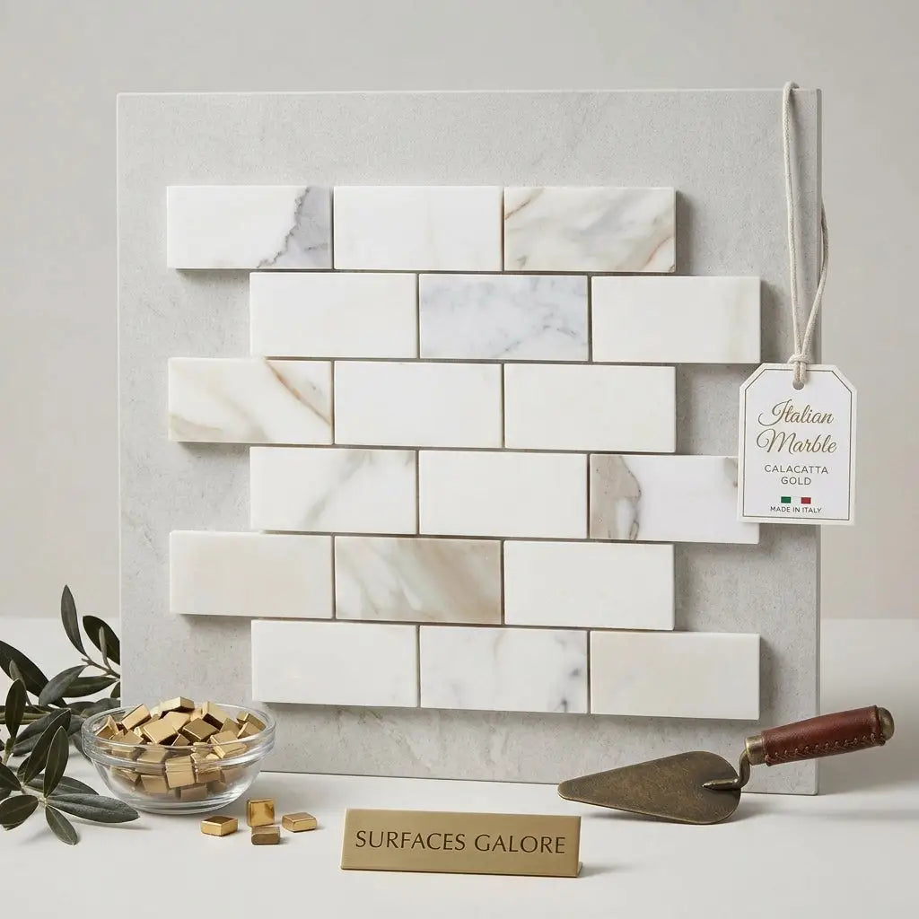 Calacatta gold 2x4 brick mosaic marble tile panel featuring white italian marble with subtle gold veining and polished finish