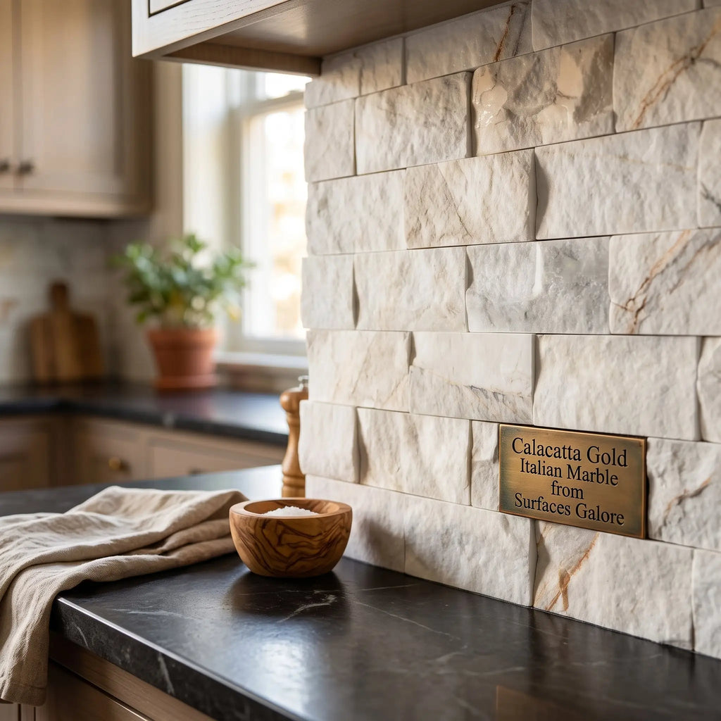 Calacatta gold 2x4 brick split-faced mosaic marble tile backsplash with golden plaque from Surfaces Galore