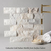 Calacatta gold 2x4 brick split-faced mosaic marble tile featuring white and gold veined italian marble in stacked stone pattern