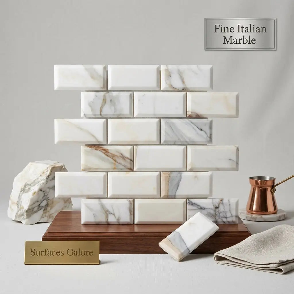 White rectangular calacatta gold marble subway tiles with gray and beige veining in a deep-beveled brick pattern