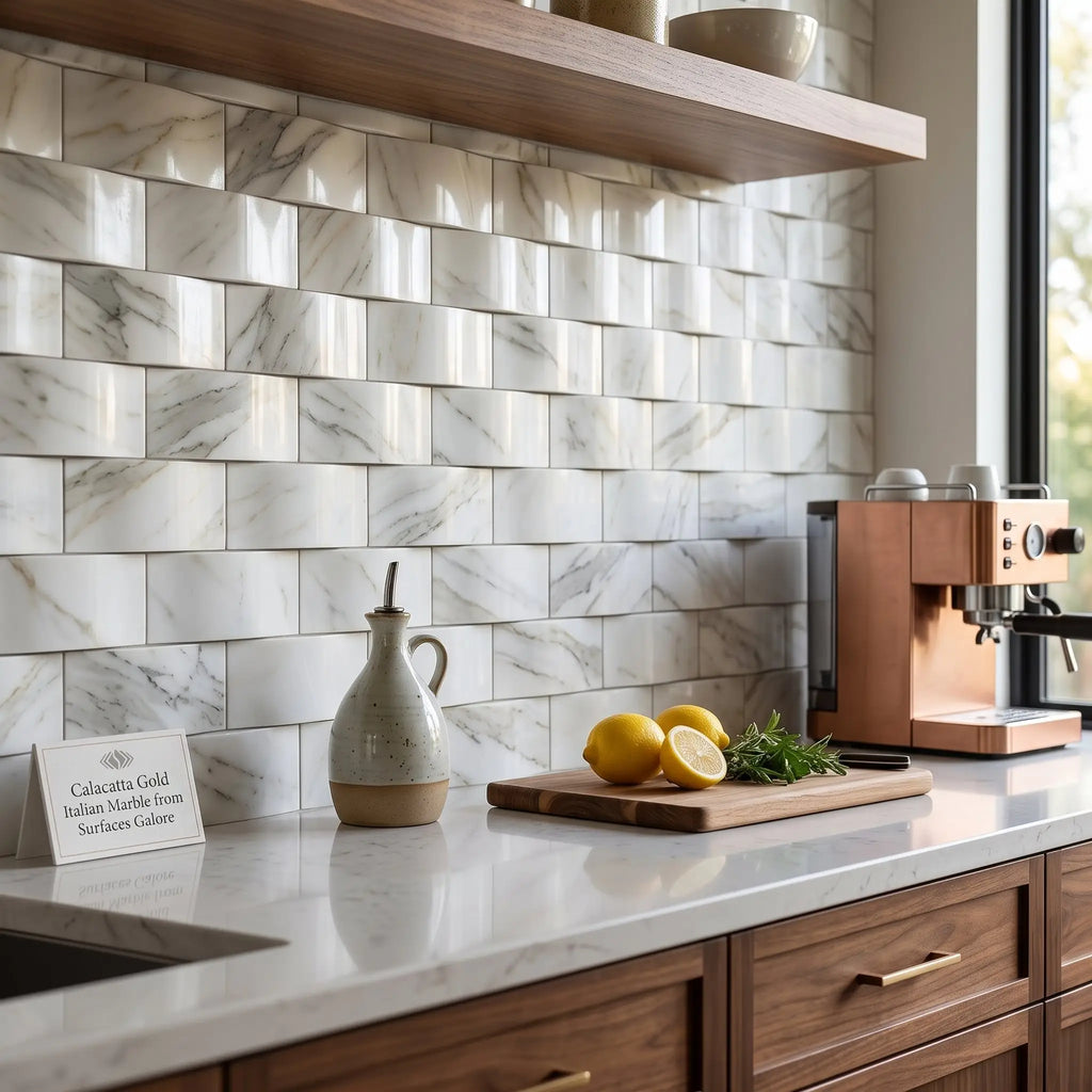 Calacatta gold 2x4 round-faced mosaic marble tile in white and gray with elegant veining polished or honed finish