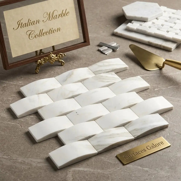 Calacatta gold 2x4 round-faced cnc-arched white italian marble mosaic tile with subtle gray veining in woven pattern