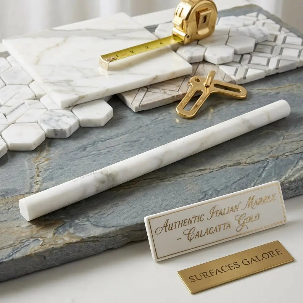 A sleek cylindrical calacatta gold marble rolling pin with polished surface and subtle veining for baking use