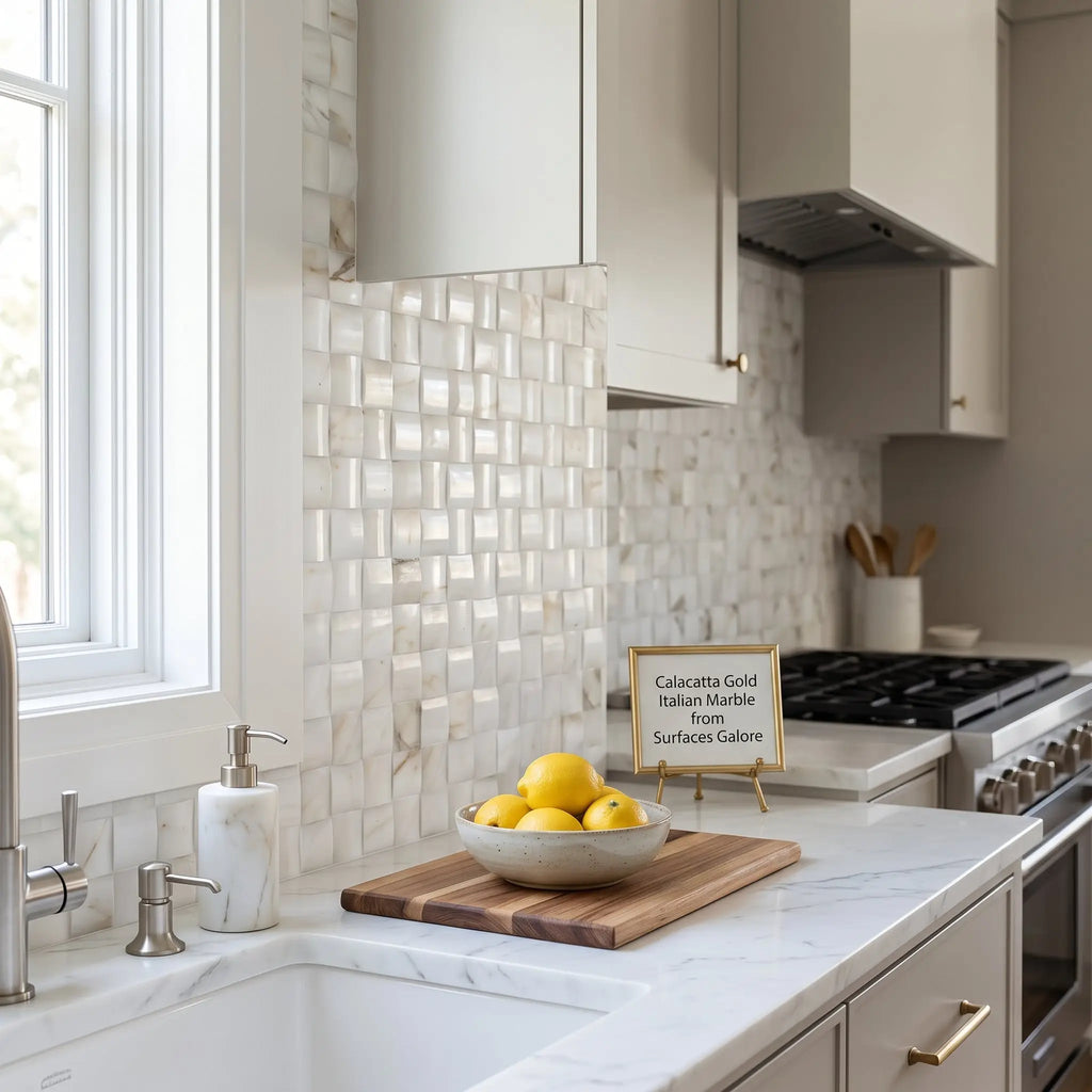 A bowl of bright yellow lemons on a wooden board atop a white marble countertop featuring calacatta gold 3-d small-bread mosaic marble tile polished
