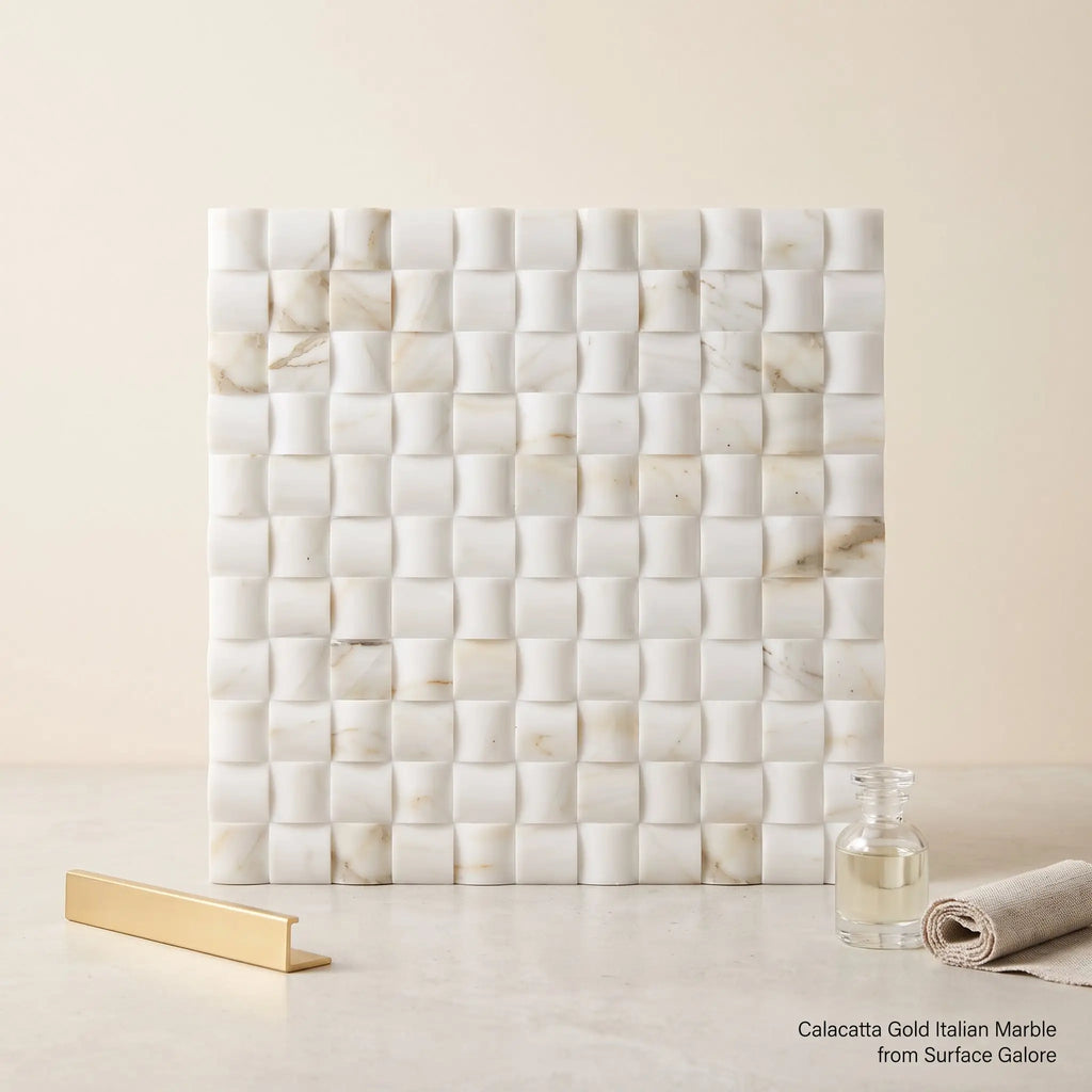 White calacatta gold italian marble mosaic tile with woven three-dimensional pattern polished or honed finish
