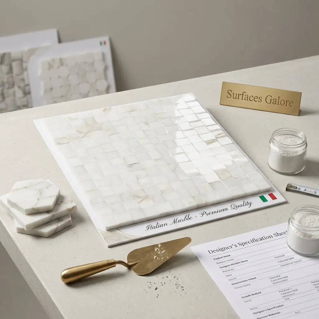 White italian calacatta gold 3-d small-bread mosaic marble tile polished with subtle veining in interlocking grid design