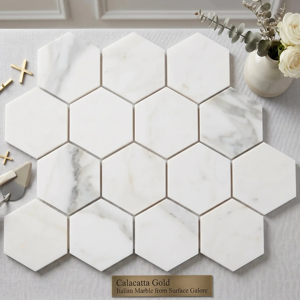 White hexagonal calacatta gold italian marble tiles with subtle gray veining polished or honed finish