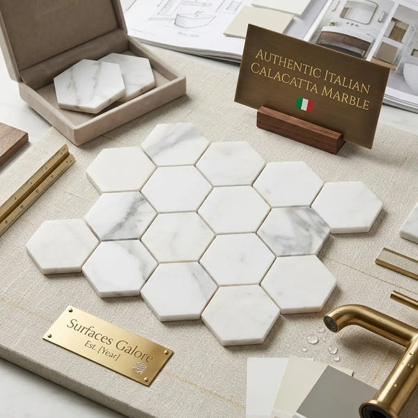 Calacatta Gold 3 inch hexagon mosaic marble tile polished or honed with white hexagonal calacatta marble and gray veining