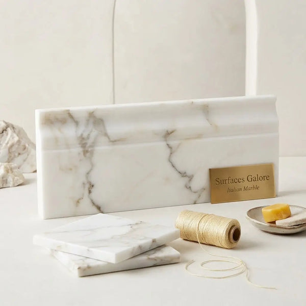 Calacatta gold 4 3/4x12 white italian marble baseboard trim molding with elegant gray veining polished or honed finish