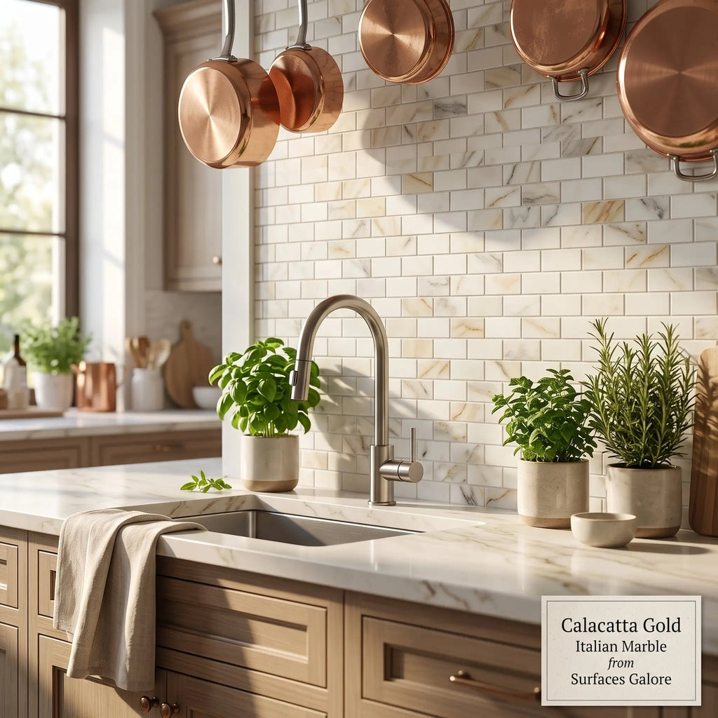 Calacatta gold 5/8x1 1/4 mini-brick mosaic marble tile with polished veined surface from surfaces galore