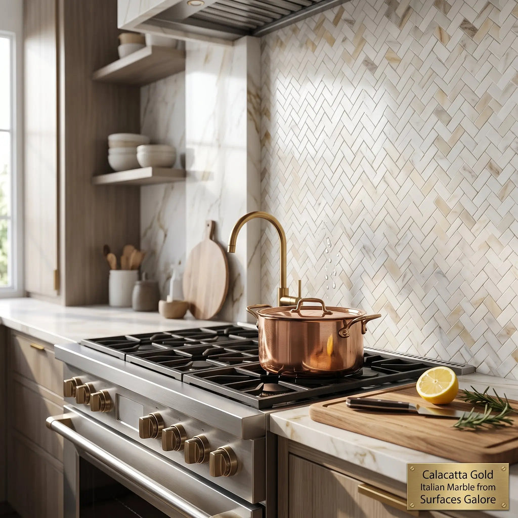 A gleaming copper pot with lid on a polished calacatta gold mini-herringbone mosaic marble tile stovetop