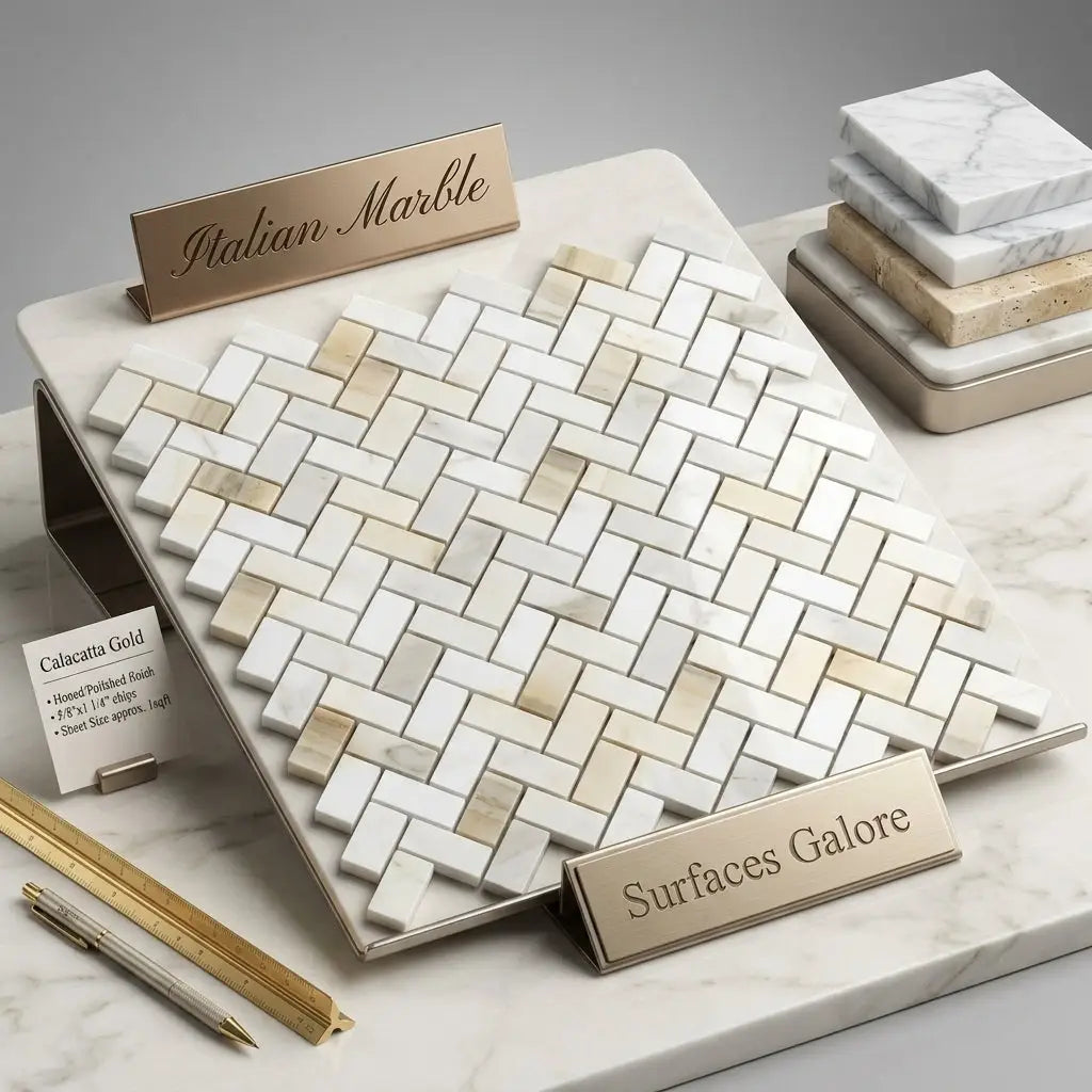 Calacatta gold 5/8x1 1/4 mini-herringbone mosaic marble tile featuring white and beige veined polished pieces on a stone tray