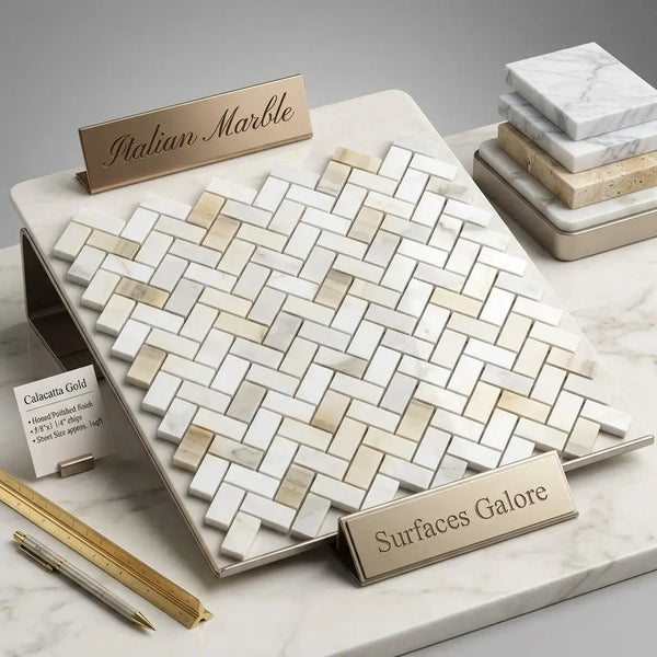 Calacatta gold 5/8x1 1/4 mini-herringbone mosaic marble tile featuring white and beige veined polished pieces on a stone tray