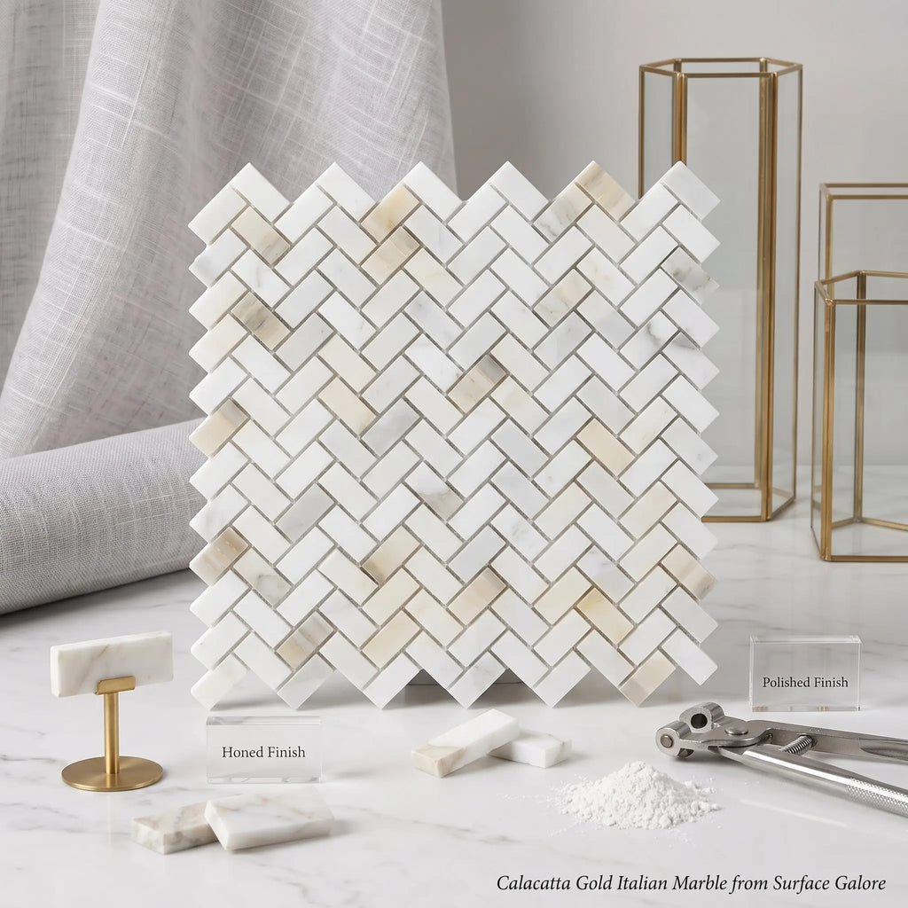 Calacatta gold italian marble mini-herringbone mosaic tile in white with gold veining polished or honed finish