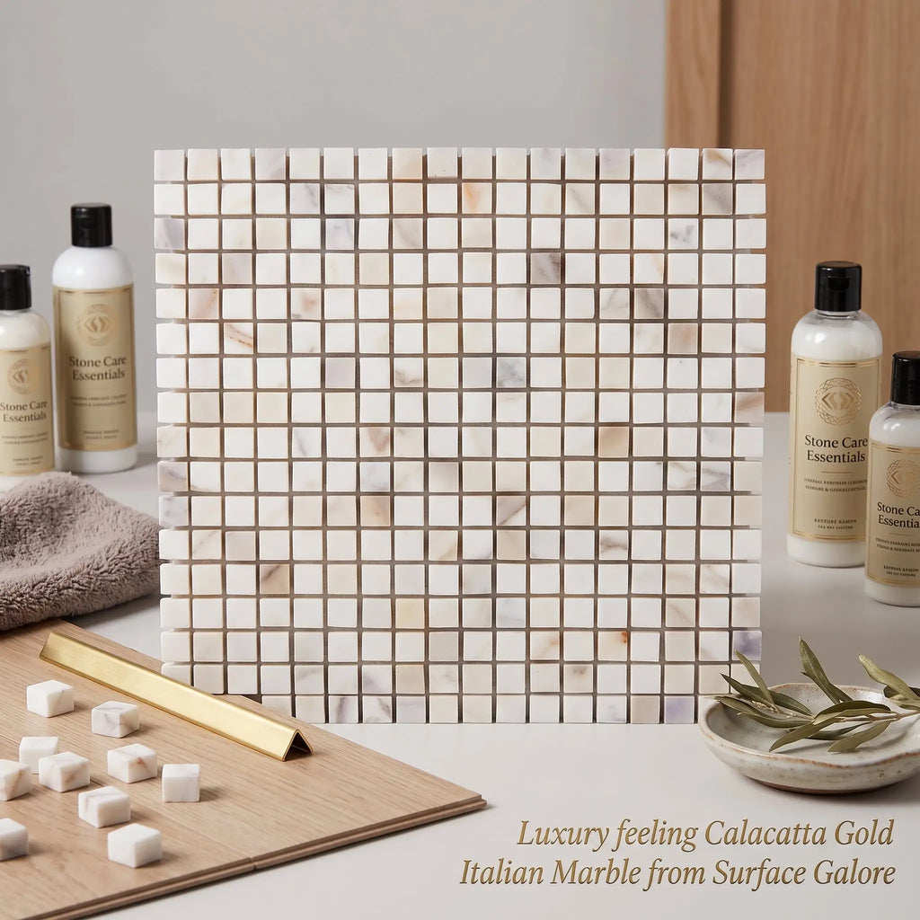 A square Calacatta Gold 5/8x5/8 mosaic marble tile panel in polished or honed light Italian marble with metallic grout lines