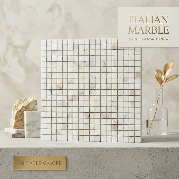 Calacatta gold 5/8x5/8 mosaic marble tile polished with white italian marble and subtle gray veining in modern design