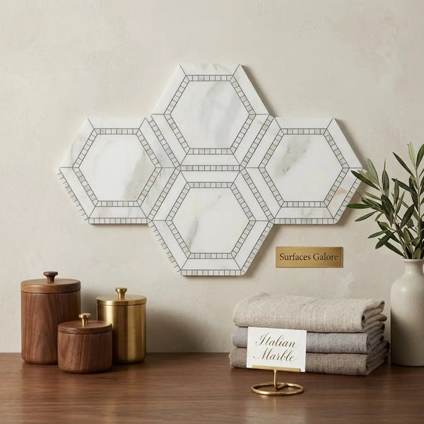 White marble hexagonal mosaic tile with gray veining and thin black grout lines calacatta gold polished and honed finish
