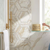Calacatta gold 5 inch hexagon mosaic marble tile with geometric pattern and gold-toned fixtures on shower wall