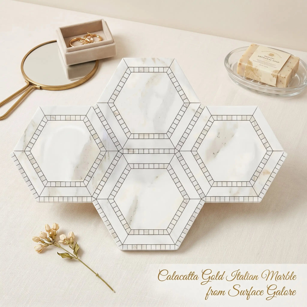 White calacatta gold italian marble hexagonal tray with subtle veining and black grid pattern polished mosaic tile