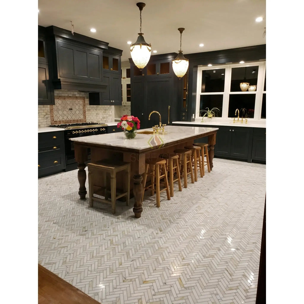 Elegant kitchen island showcasing Calacatta Gold 5’’ Hexagon Mosaic Marble Tile
