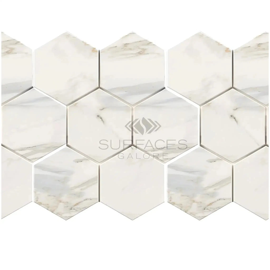 Calacatta Gold 5 inch Hexagon Mosaic Marble Tile in polished and honed finishes