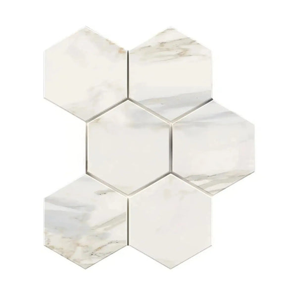 Calacatta Gold 5 inch Hexagon Mosaic Marble Tile in polished and honed finish