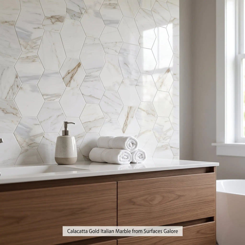 Calacatta gold 5 inch hexagon mosaic marble tile with polished or honed finish featuring white and gold veining