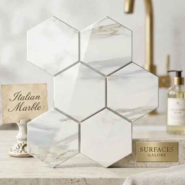 Calacatta gold 5 inch hexagon mosaic marble tile polished or honed with white and gray marble and silver-toned grout