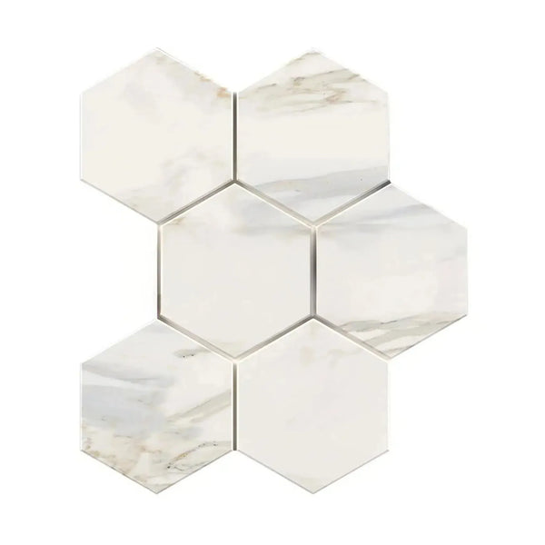Calacatta Gold 5 inch Hexagon Mosaic Marble Tile in polished and honed finish