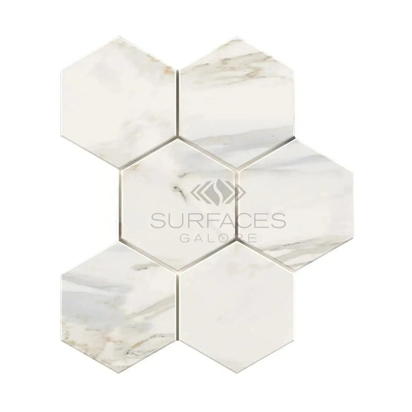 Calacatta Gold 5 inch Hexagon Mosaic Marble Tile in Polished or Honed finish