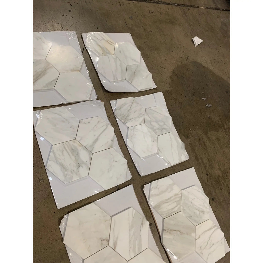Calacatta gold 6 inch hexagon mosaic marble tile with glossy white hexagonal panels and subtle gray veining