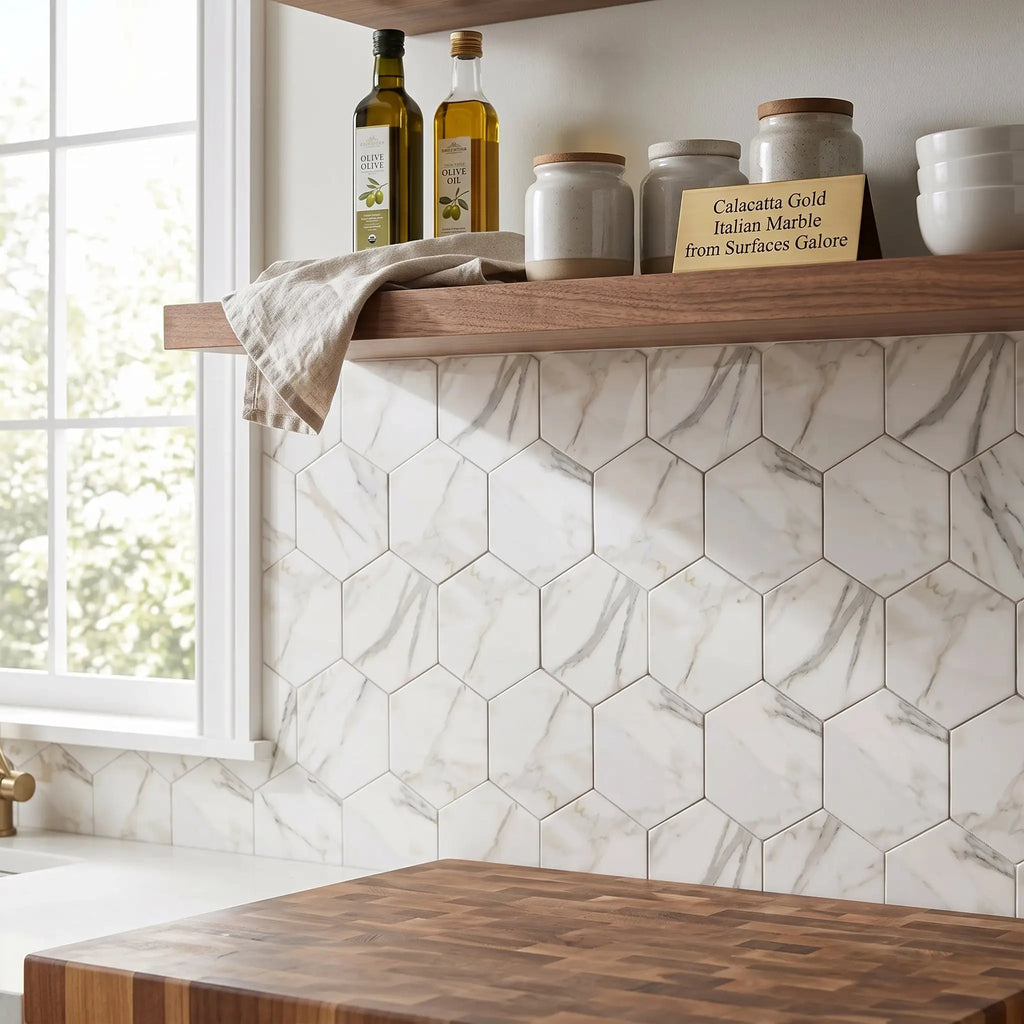 White hexagon mosaic marble tile with gray veining mimicking calacatta gold italian marble polished or honed finish