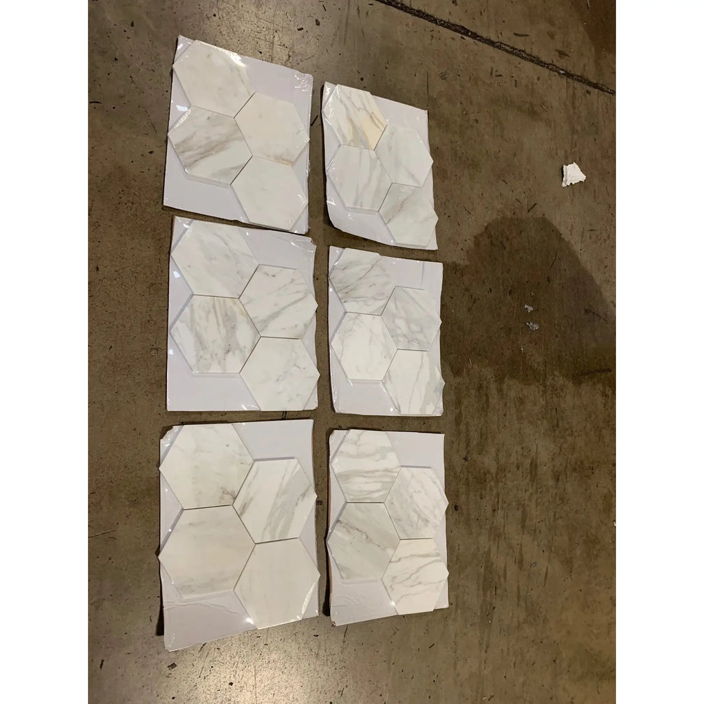 Calacatta gold 6 inch hexagon mosaic marble tile panels in white marble effect with polished or honed finish