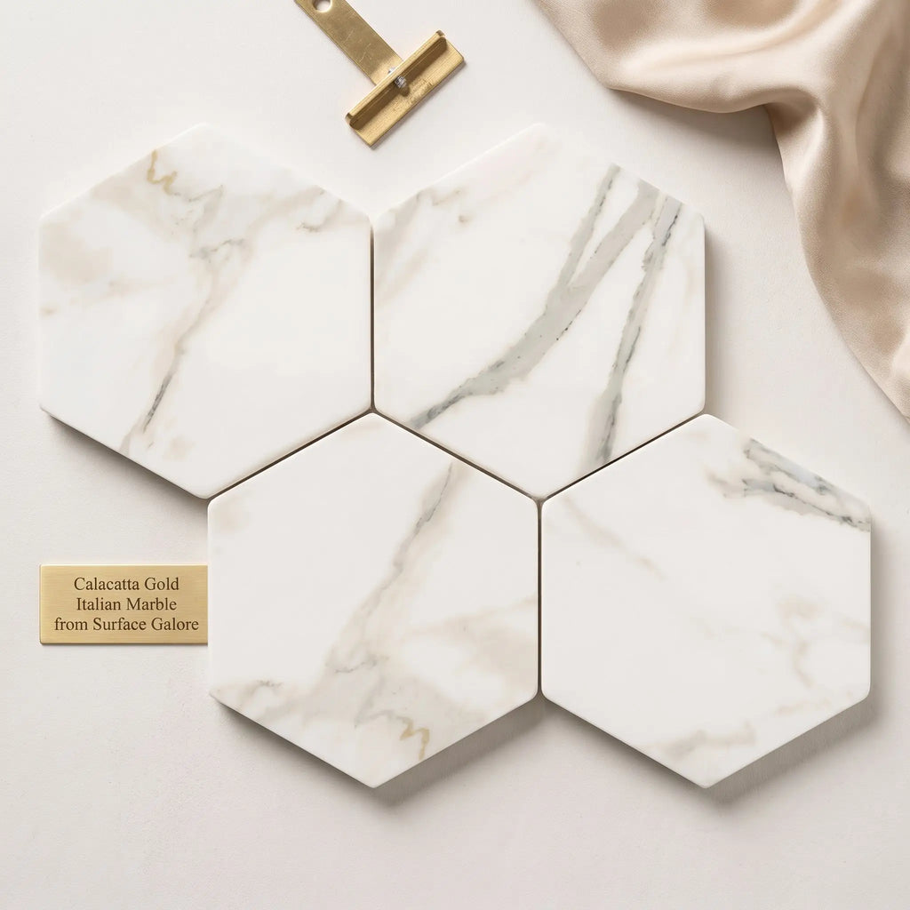 White hexagonal calacatta gold italian marble tile with elegant gray veining polished or honed surface finish