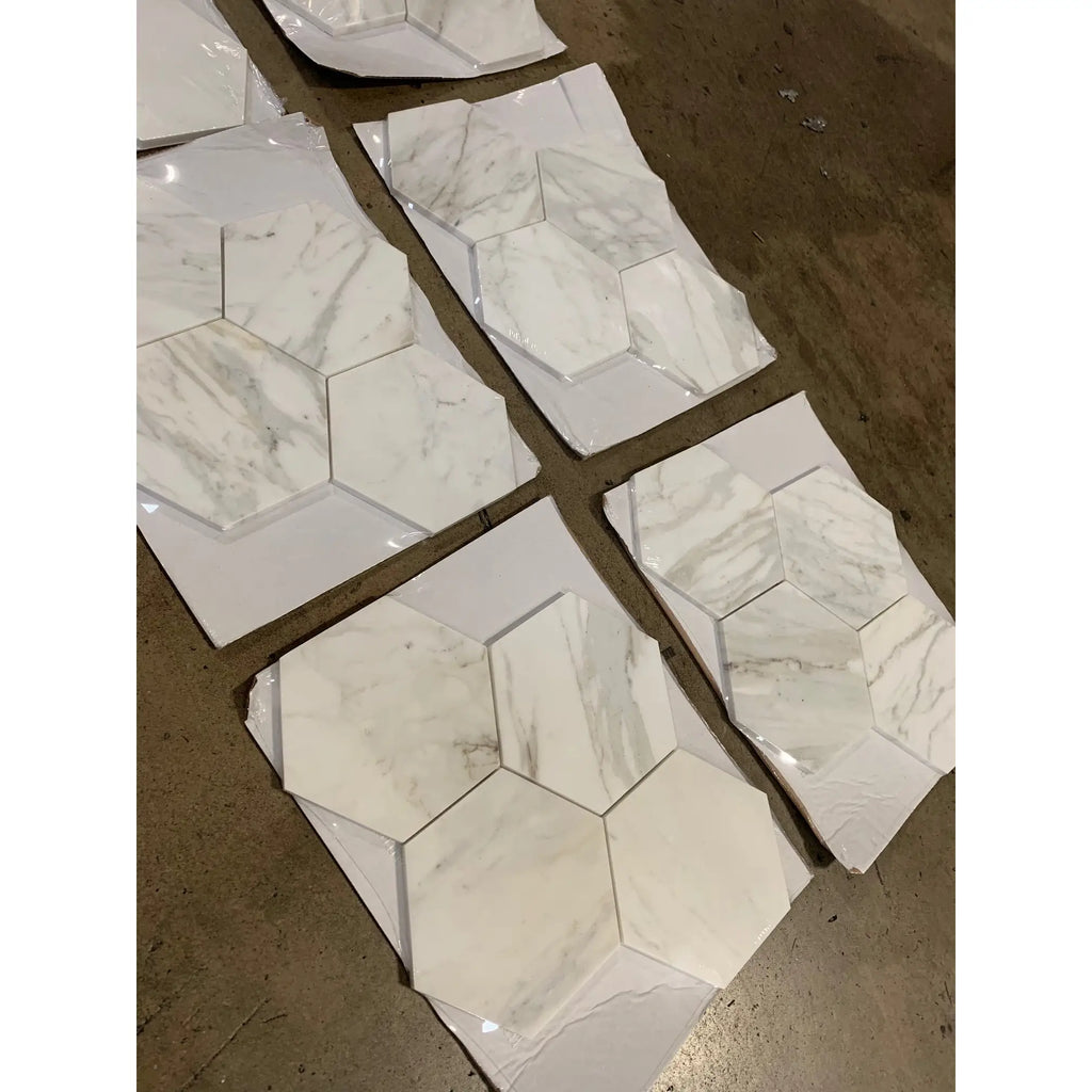 Calacatta gold 6 inch hexagon mosaic marble tile in white marble effect with a glossy polished finish