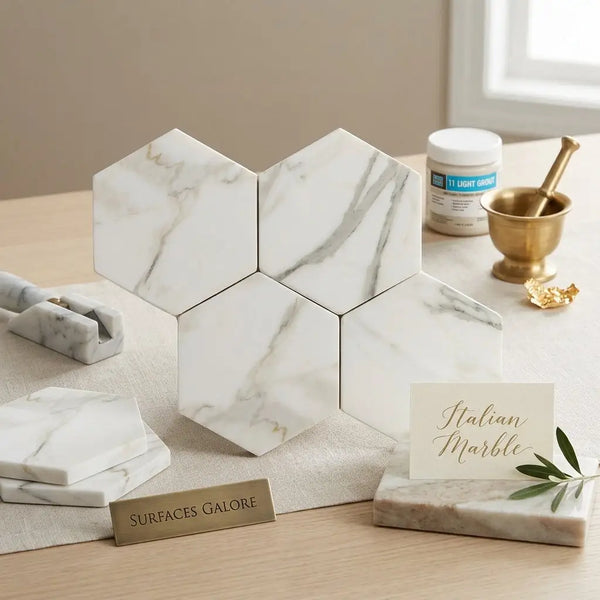 Calacatta Gold 6 inch hexagon mosaic marble tile polished or honed with white hexagonal tiles and gray veining in a geometric pattern