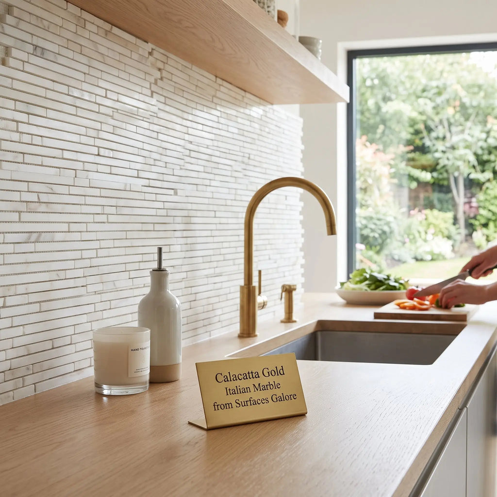 Gold-colored calacatta gold italian marble countertop with polished finish and subtle veining in bamboo sticks mosaic tile