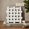 Calacatta gold basketweave mosaic marble tile polished with white and black italian marble on concrete pedestal