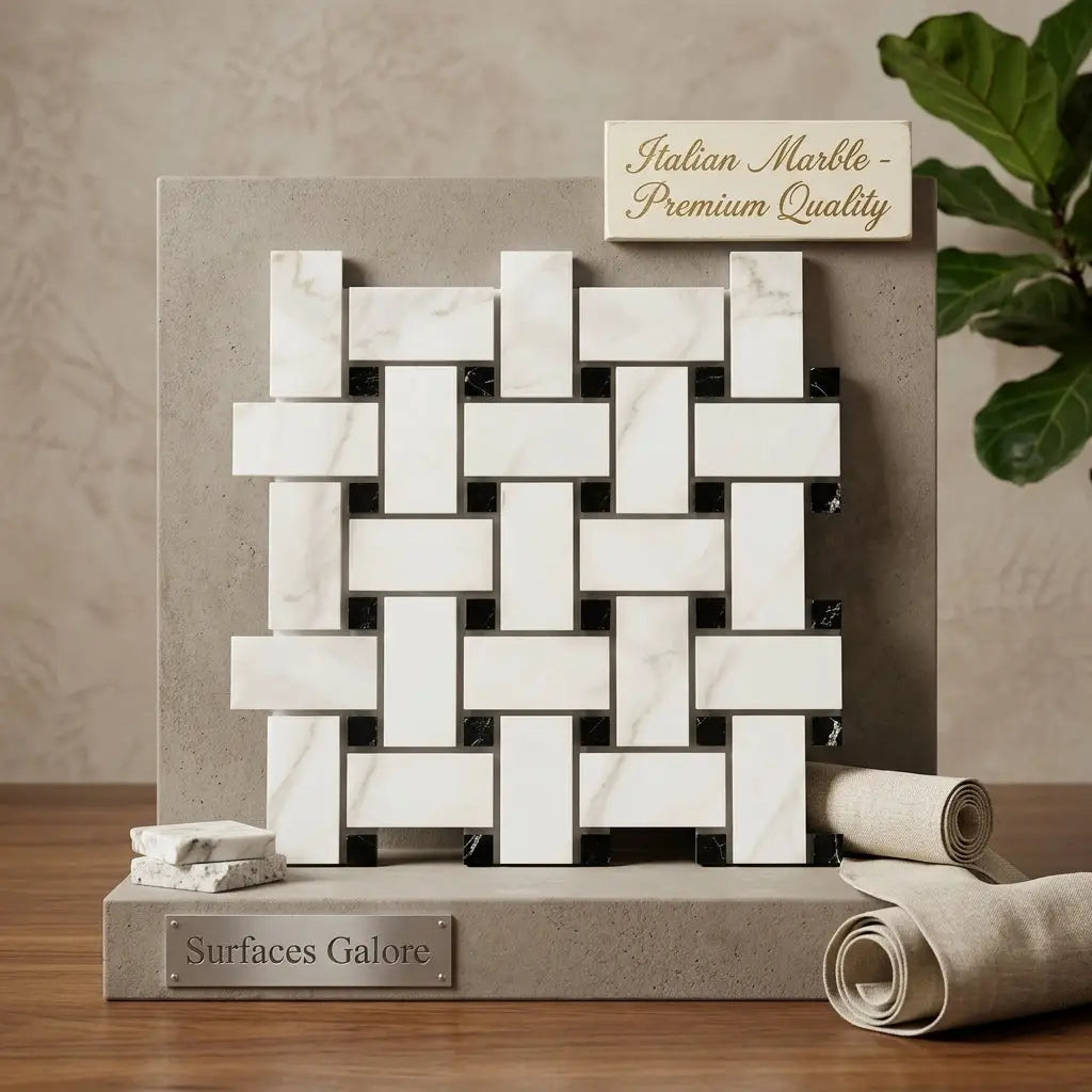 Calacatta gold basketweave mosaic marble tile polished with white and black italian marble on concrete pedestal