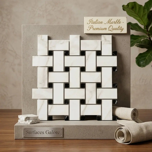Calacatta gold basketweave mosaic marble tile polished with white and black italian marble on concrete pedestal