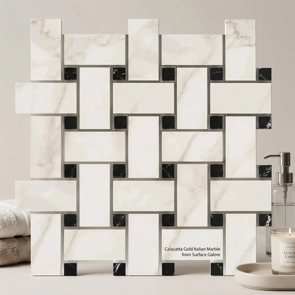 White and black calacatta gold italian marble basketweave mosaic tile polished or honed with large pattern